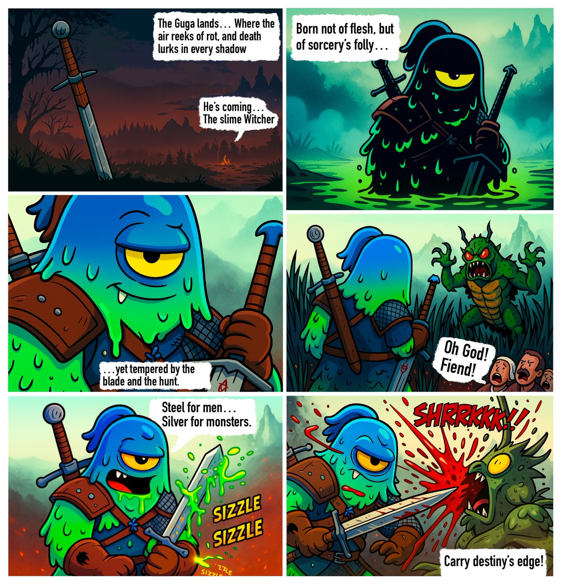 GuguGaga_NFT's tweet image. ⚔️ GUGU WITCHER COMIC CHALLENGE ⚔️

The Slurp has drawn his blade… and now YOU hold the pen. 

Make your own Gugu Witcher comic - brutal, epic or hilarious.

🏆 Top 3 win 250 $MON
⏳ 72h to prove your skills

Drop your comics below 👇
Let’s see who can carry destiny’s edge!