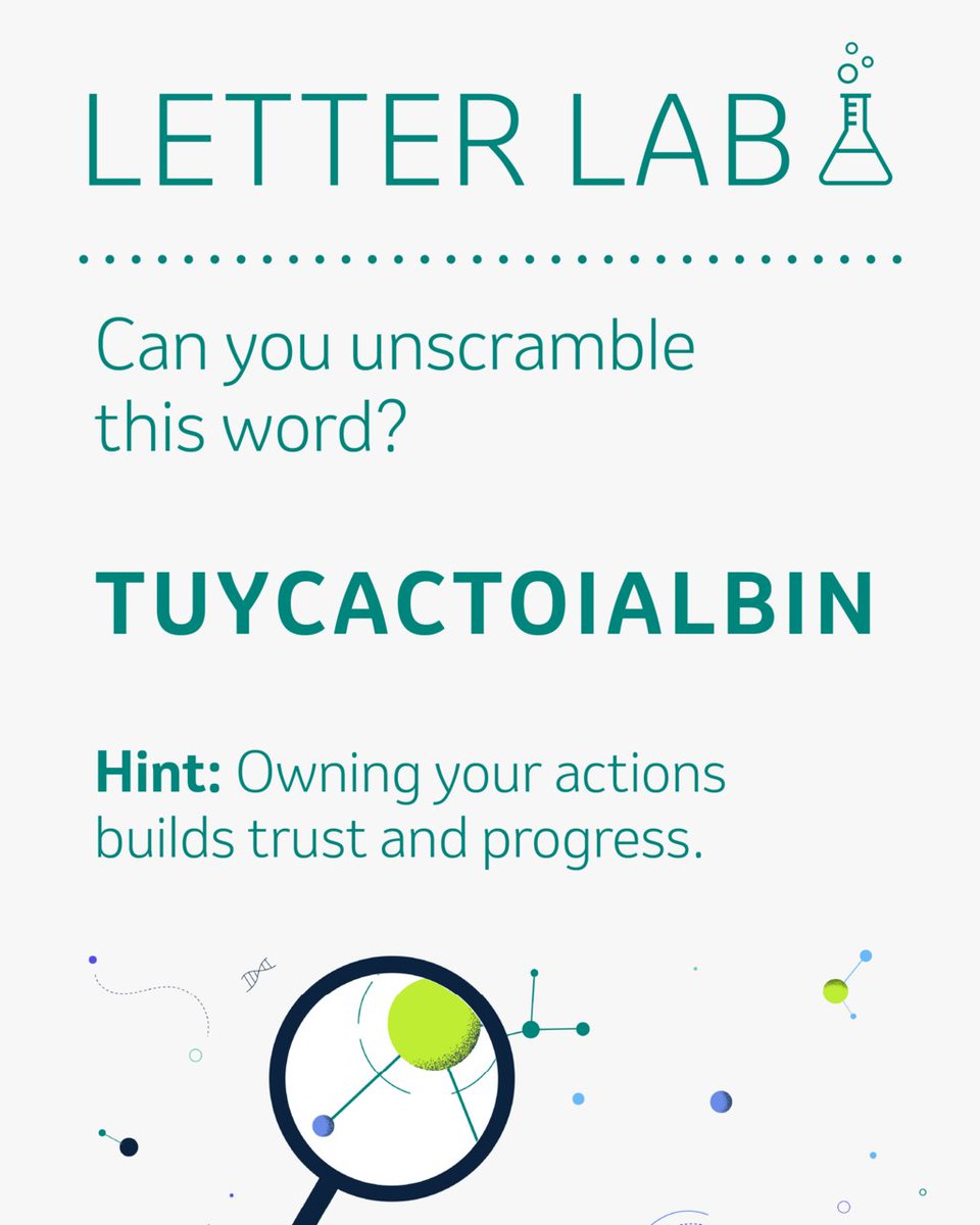 msdcareers's tweet photo. Welcome to the Letter Lab!
Today’s challenge is about a quality that builds credibility and trust at every level of work. Careers grow stronger when we own our choices and deliver on commitments. 
Can you solve it? Drop your guess!
#LetterLab #MSDCareers https://t.co/MnQlzN8Yx1