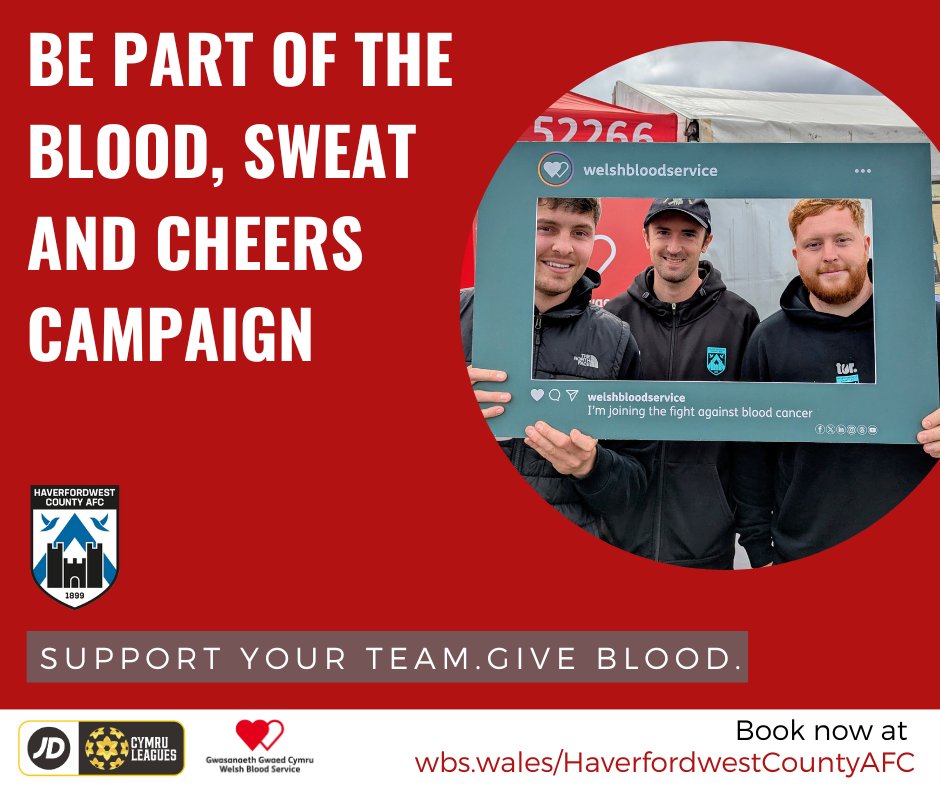 Haverfordwest County are proud to continue our support for <a href="/WelshBlood/">Welsh Blood 🏴󠁧󠁢󠁷󠁬󠁳󠁿</a>'s Blood, Sweat and Cheers campaign throughout the 2025-26 season 🤝🩸

There are blood donation clinics in Haverfordwest, Neyland and Milford Haven this month - book yours today! ⤵️

👉 wbs.wales/HaverfordwestC…
