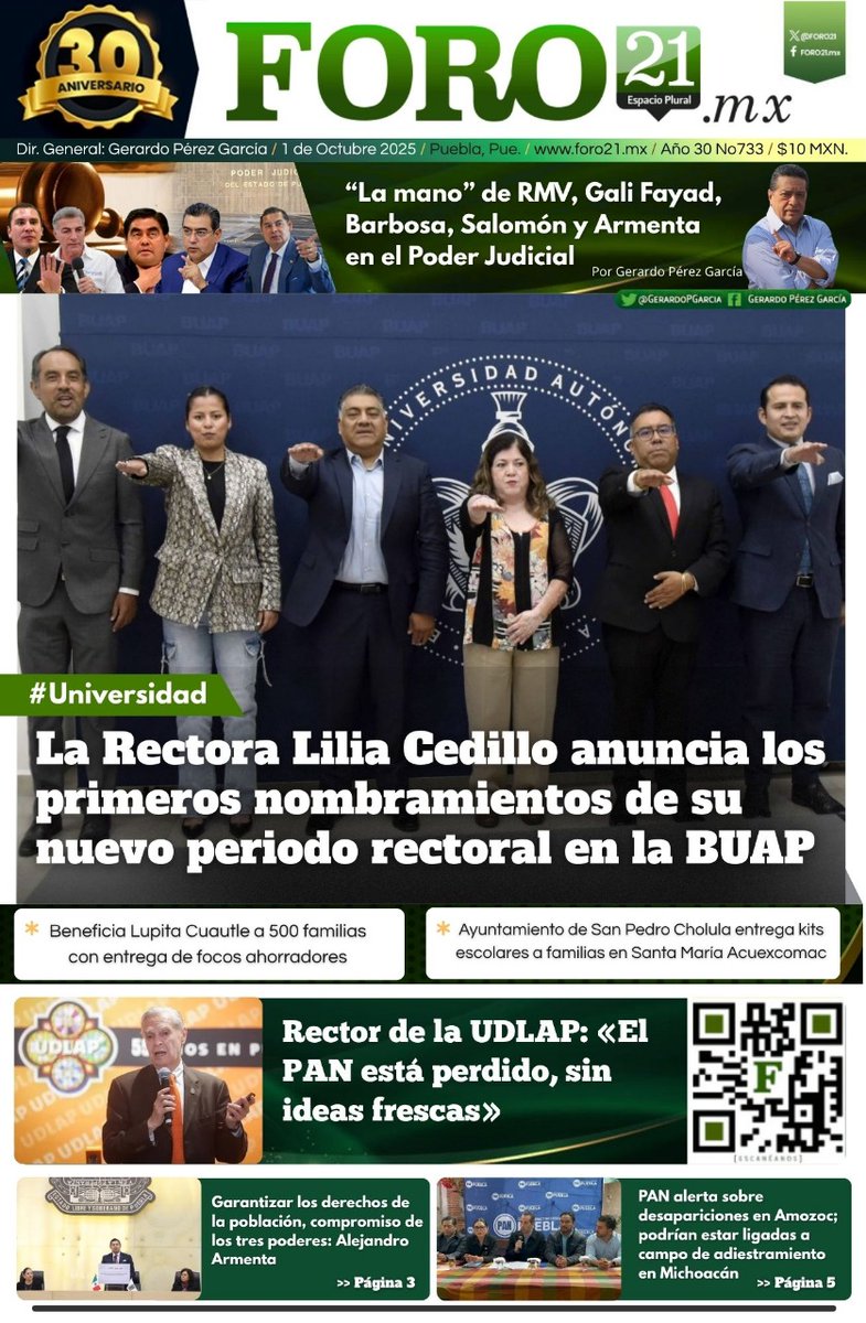 📰 Portada de este miércoles #1octubre en Foro21

🔹 Lilia Cedillo anuncia primeros nombramientos en la BUAP
🔹 Rector de la UDLAP: “El PAN está perdido”
🔹 Armenta: compromiso de los tres poderes con los derechos ciudadanos
🔹 PAN alerta desapariciones en Amozoc

👉 Más en