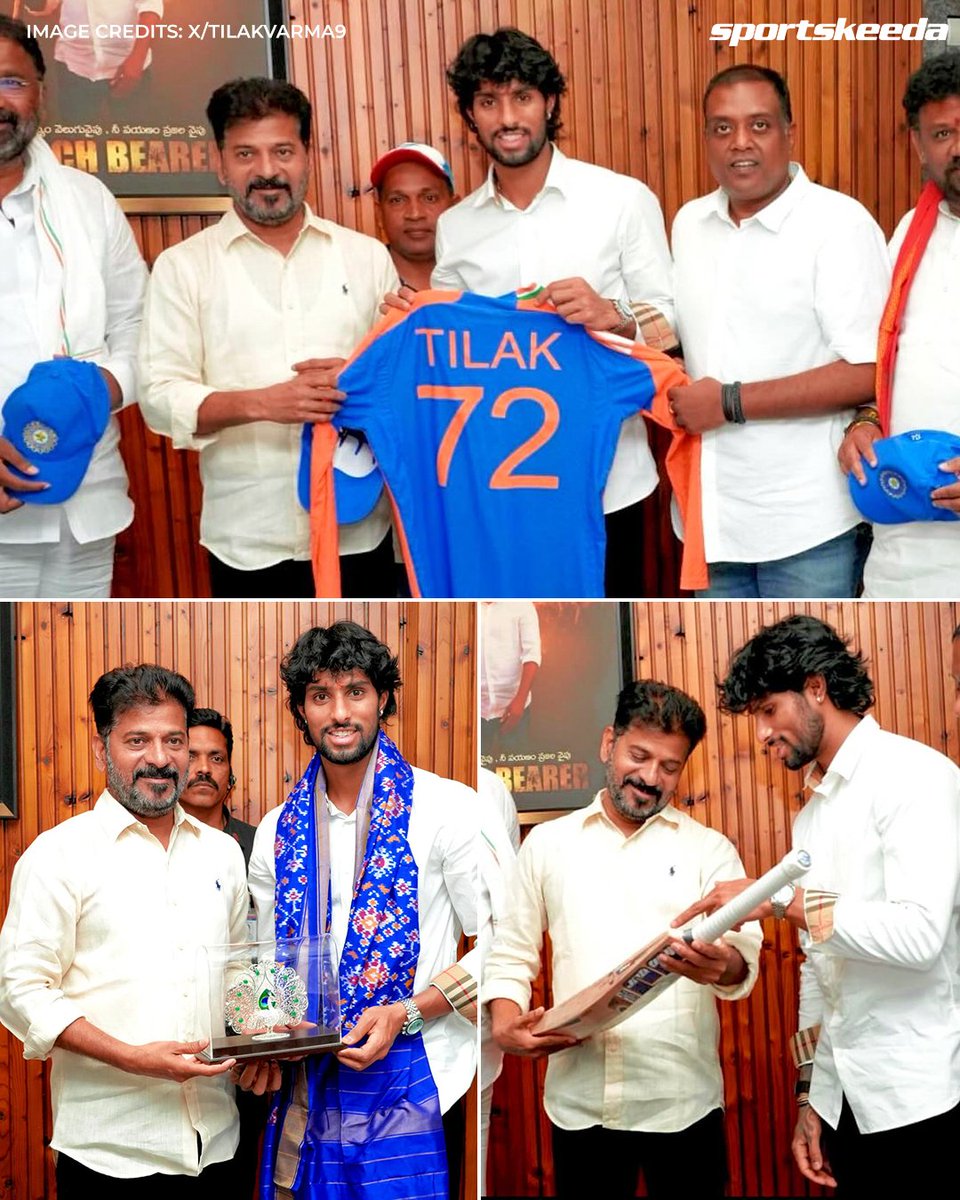 Sportskeeda's tweet image. Tilak Varma met Telangana Chief Minister Revanth Reddy on the occasion of winning the Asia Cup 2025 and presented him with a signed jersey and bat! 🇮🇳🏏👕

#TilakVarma #AsiaCup #RevanthReddy #Sportskeeda