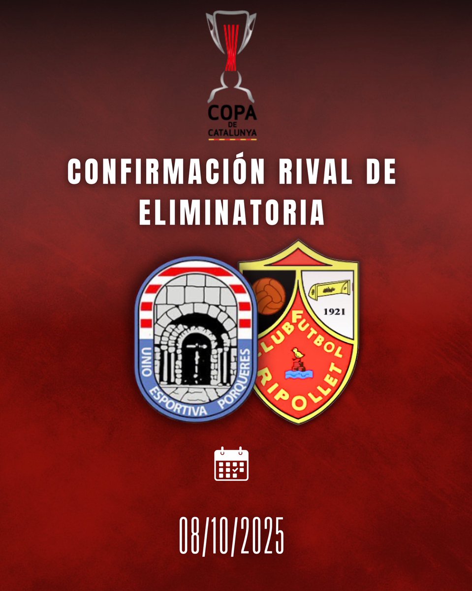 📣Ya tenemos rival para la próxima ronda eliminatoria de #CopaCatalunya

La <a href="/UEPorqueres_/">UNIÓ ESPORTIVA PORQUERES🎗</a> el 08/10/2025

🔜🏟️⏰Próximamente podremos confirmar el horario y ubicación del encuentro 

#VamosRipo #Copa #FCF #CFRipolletdesde1921