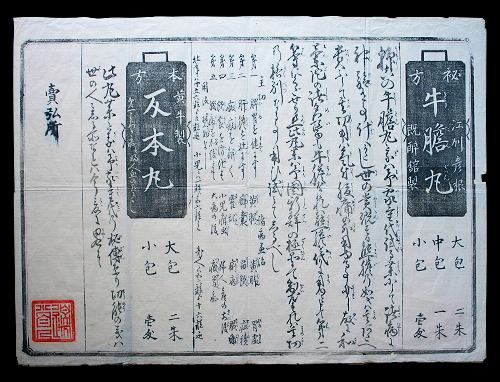 反本丸、牛胆丸の効能書。いずれも牛肉を原料にした丸薬とされるが、現代に伝わる牛肉の味噌漬けであったという説もある。
安永10年(1781年)以降、彦根藩より「養生肉」の名で味噌漬けの牛肉が将軍家や親藩諸家に送られるようになった。 