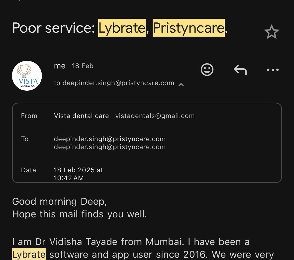 vidishaz's tweet image. Deeply disappointed with @PristynCare and its founders Harsimarbir &amp;amp; Dr. Vaibhav. Since their acquisition of Lybrate, the patient management software has been completely unresponsive.
@PristynCare @harsimarbirsing @PristynC @PristynCare 
Attached images 
#nonresponsive