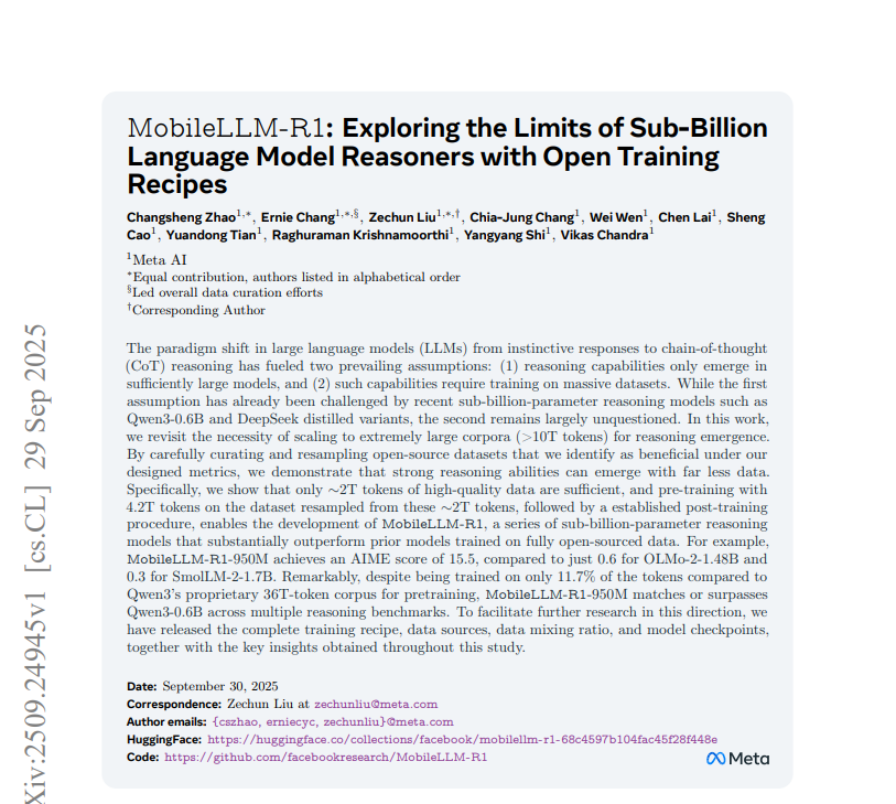 WesRothMoney's tweet image. Meta AI’s new paper shows that strong chain-of-thought reasoning can emerge in models under 1 billion parameters if you feed them the right data.
Key takeaways
🔹Smaller, smarter. MobileLLM-R1 (140 M – 950 M params) beats or matches prior open-source peers on reasoning suites…