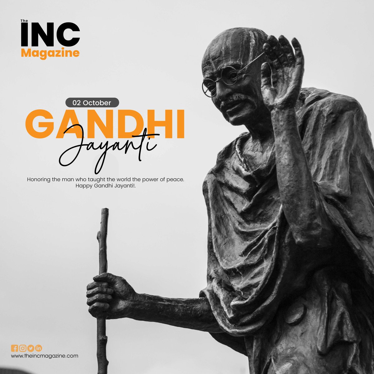 Gandhi Jayanti 2025 ✨

On Gandhi Jayanti, we honor the life of a man who taught the world the importance of truth and non-violence. ✨

#GandhiJayanti #MahatmaGandhi #Peace #Truth #NonViolence #Kindness #Inspiration #TheIncMagazine