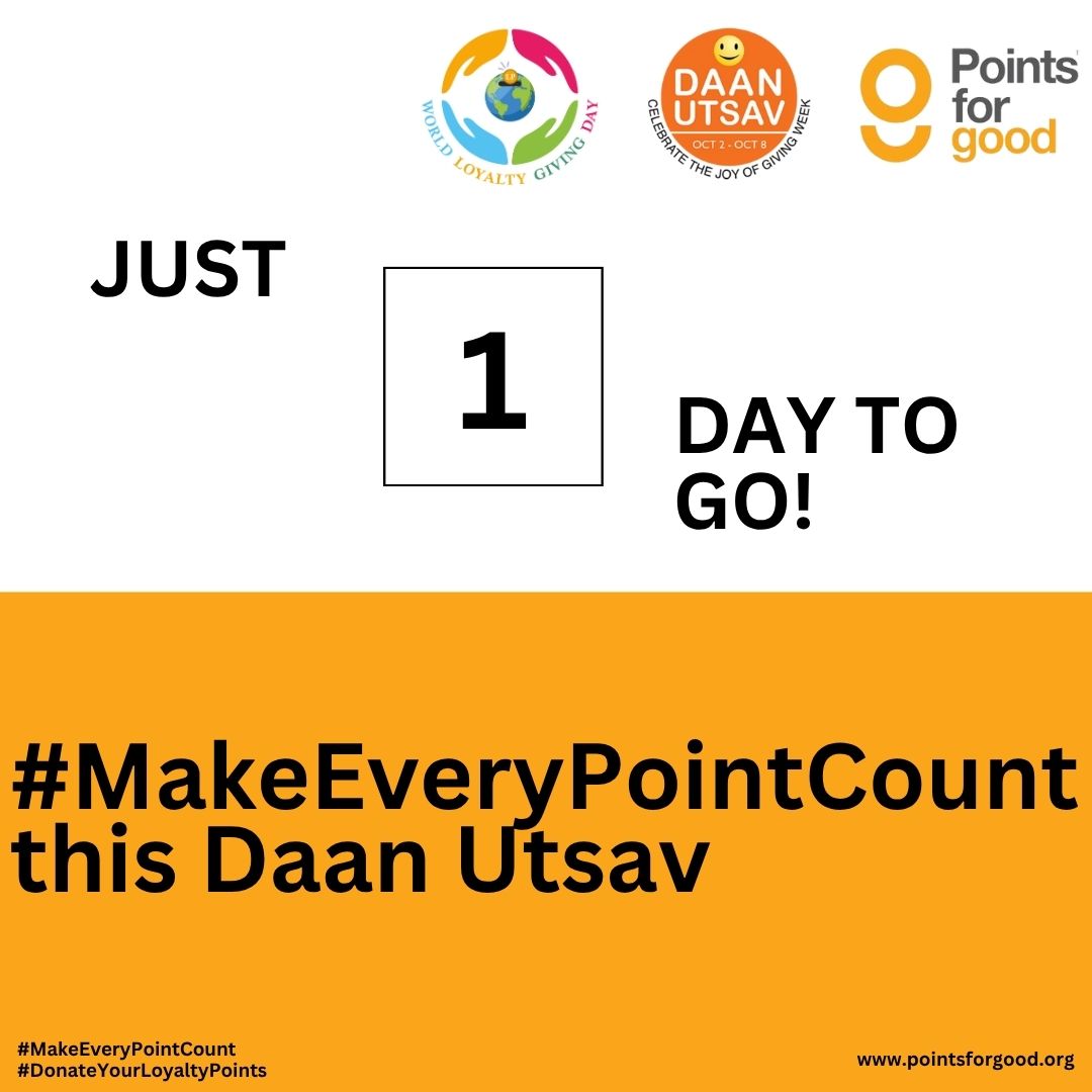 Just 1 day to go for #DaanUtsav
This season of giving, let your loyalty points create real change. Donate your points through 'Points for Good' and spread smiles that go beyond rewards.

pointsforgood.org
Using UPI, Debit/Credit card: pages.razorpay.com/PFGCharity