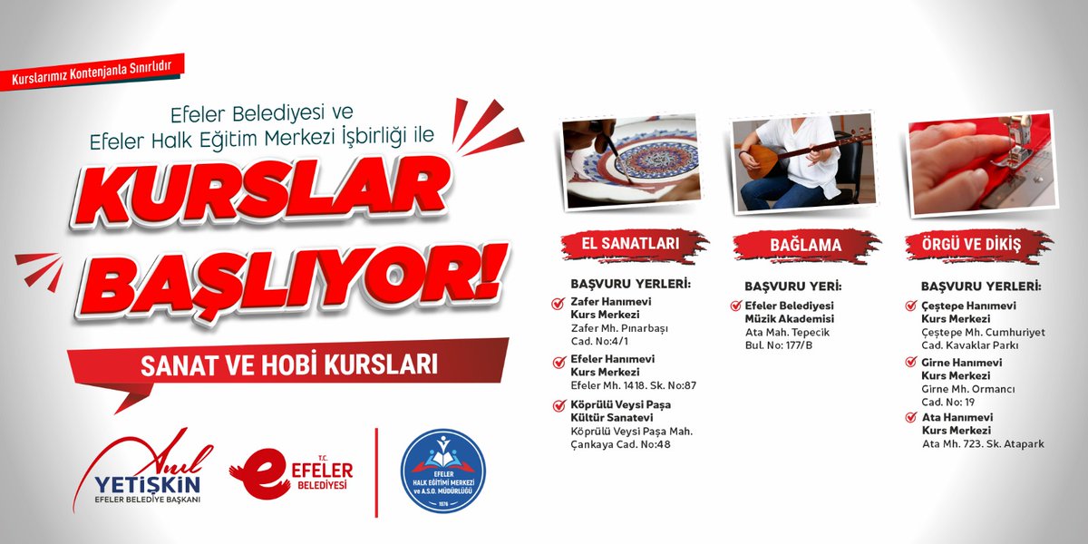 Efeler’de sanat ve hobi zamanı!

Belediyemizin ve Efeler Halk Eğitim Merkezi iş birliğiyle gerçekleştireceği sanat ve hobi kurslarımız başlıyor!

El sanatları, bağlama, örgü ve dikiş kurslarımızla hem yeni beceriler kazanabilir hem de keyifli vakit geçirebilirsiniz.