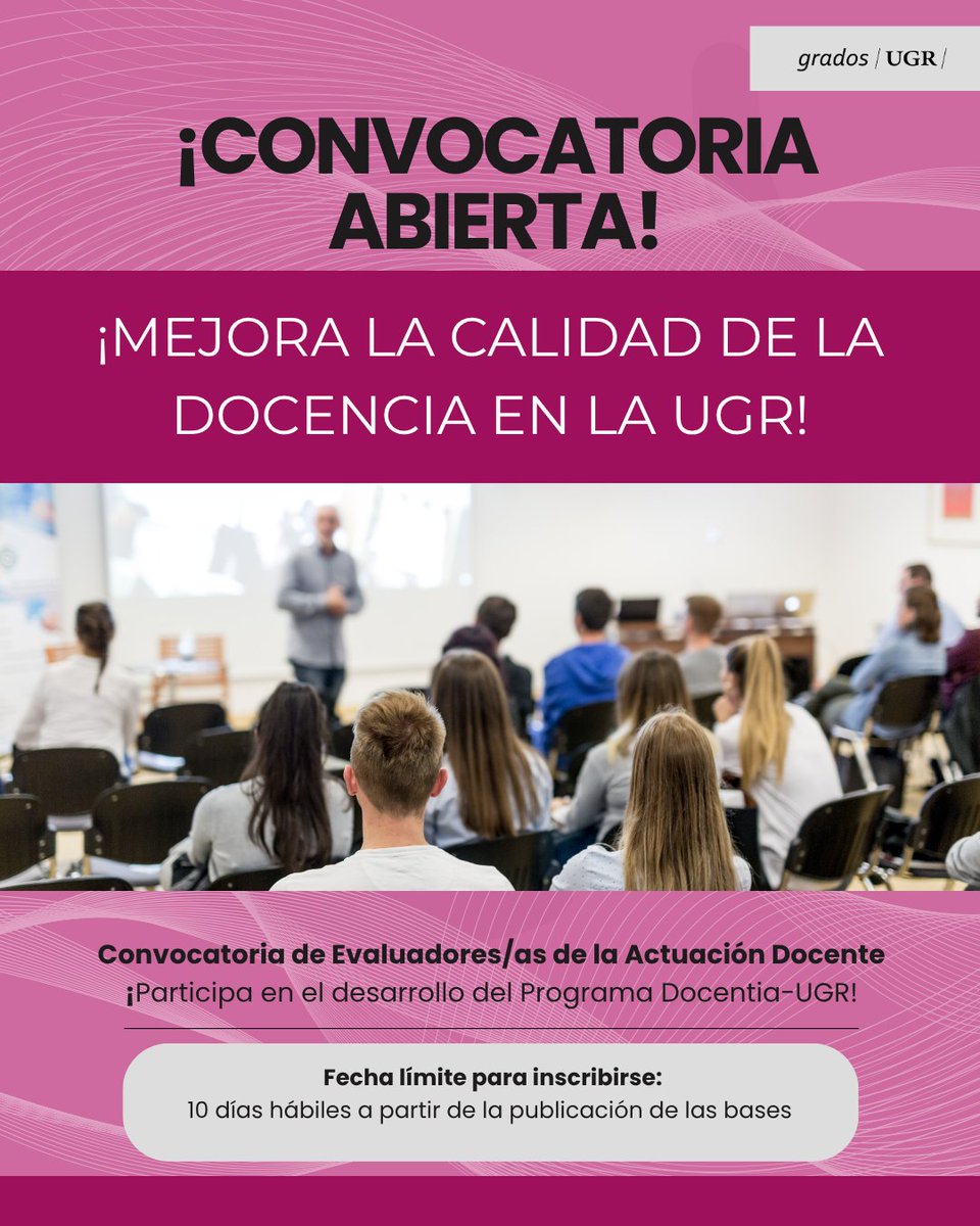 🚨 ¡Abierta la Convocatoria de Evaluadores/as de la Actuación Docente en <a href="/CanalUGR/">Universidad Granada</a> ! 🚨

🔹 Participa en el Programa Docentia-UGR para mejorar la calidad educativa

📑 Consulta las bases e inscríbete⬇️
calidad.ugr.es/profesorado/do…