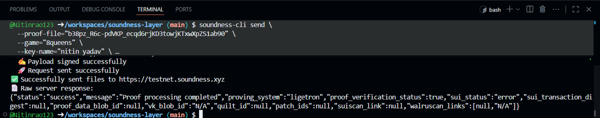 suni98526's tweet photo. π Just dropped Proof #17 on-chain via soundness-cli π₯οΈβ¨
Proud to rep Team Bloop π‘ while pushing the limits of verifiable compute with @SoundnessLabs β‘
Proofs arenβt just math β theyβre the future ππ
#ZK #Soundness #TeamBloop https://t.co/1H9oXO6fqj