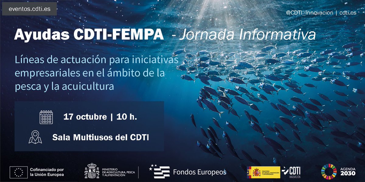 🚀 ¿Quieres conocer las últimas oportunidades de apoyo a la I+D+I en el sector de la #pesca y la #acuicultura?

📆 El próximo 17 de octubre <a href="/CDTI_innovacion/">@CDTI_innovacion</a> organiza una jornada informativa donde se presentarán las novedades de 💶#financiación #FEMPA 

🤝 Con la participación de