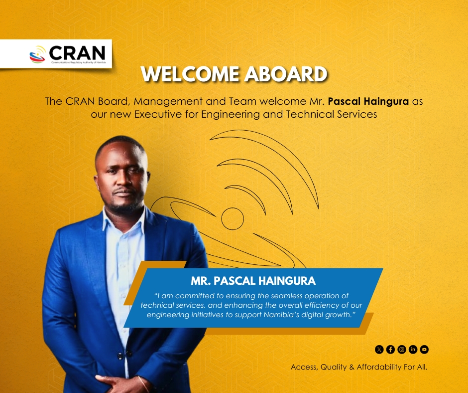 CRANamibia's tweet image. The Board, management and team of the Communications Regulatory Authority of Namibia (CRAN) are pleased to welcome Mr. Pascal Haingura as Executive: Engineering and Technical Services, effective 01 October 2025.

With over 16 years of experience in IT, software engineering, data…