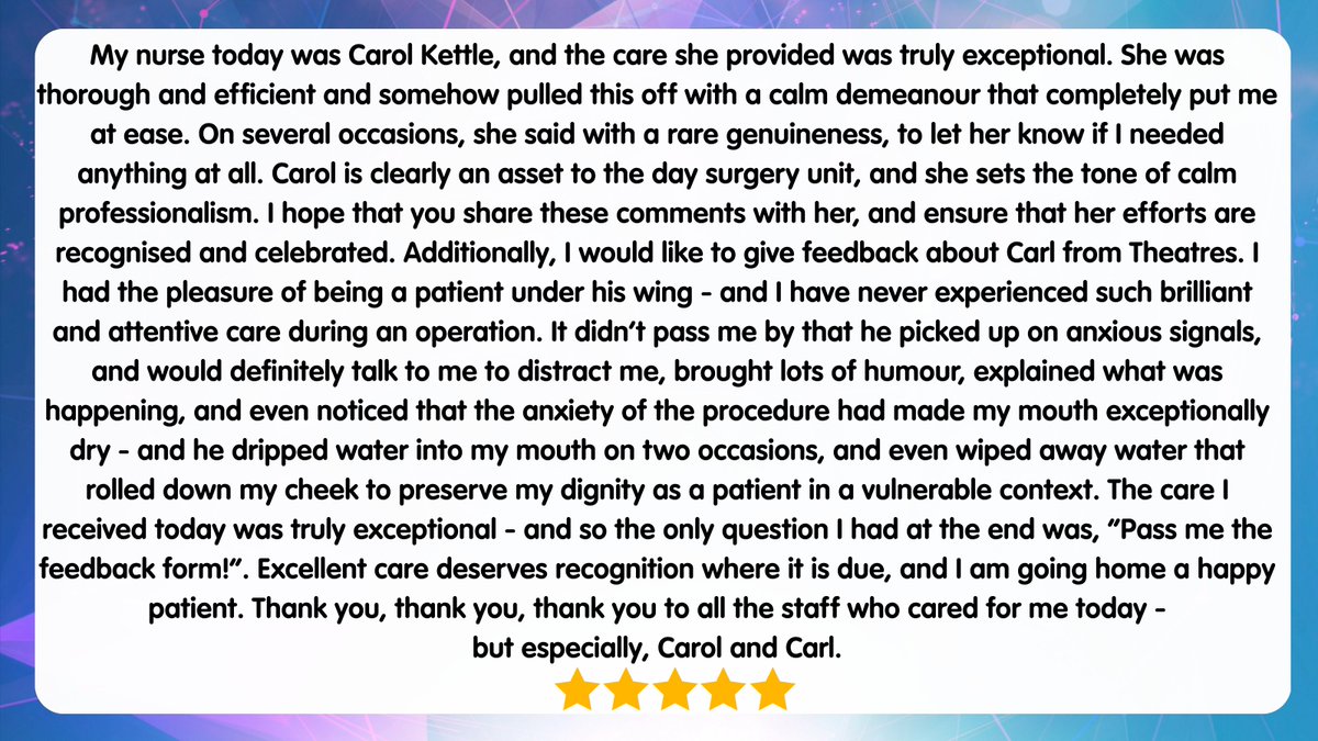 🌟 Celebrating Exceptional Care at Day Surgery, SACH. We’re delighted to share some wonderful feedback from a recent patient who described their care as “truly exceptional.”  Special recognition goes to Nurse Carol Kettle and Carl from Theatres. 👏👏👏#FFTFeedback #TeamWestHerts