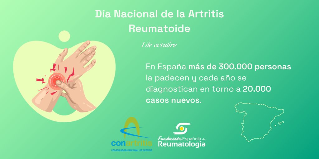 SEReumatologia's tweet photo. 💚 #DíaNacionaldelaArtritisReumatoide | 🗓️ En #España más de 300.000 personas conviven con esta enfermedad y cada año se diagnostican alrededor de 20.000 casos nuevos. 

🎯 La estrategia de tratamiento por objetivos, el diagnóstico precoz y disponer de nuevos tratamientos son clave para mejorar la calidad de vida de los pacientes. 

💯 Al igual que incorporación del ejercicio físico como rutina de tratamiento y una alimentación saludable, entre otros buenos hábitos.

@ConArtritis