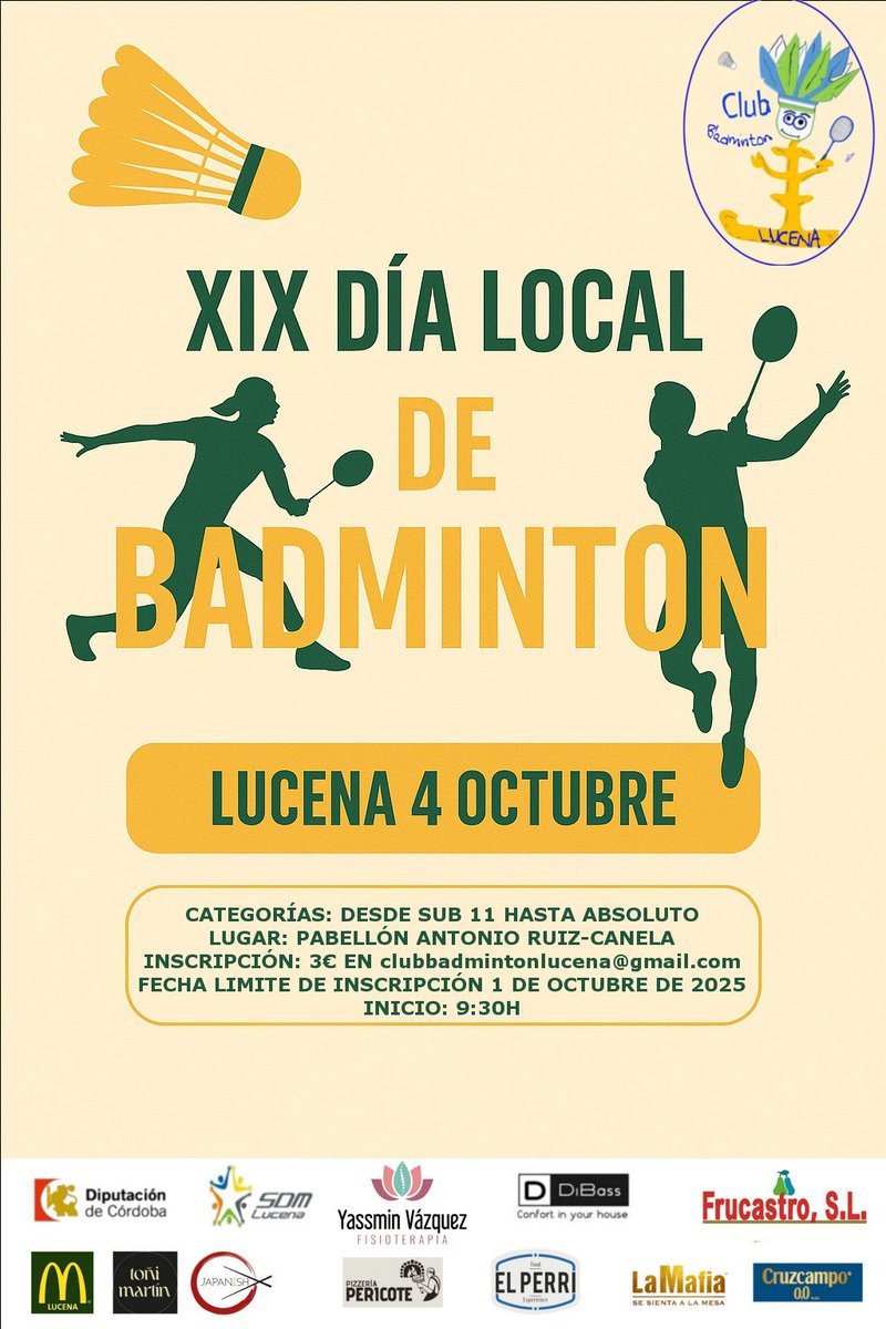 Súmate al XIX Día Local de Bádminton 🏸 este próximo sábado en el Pabellón de Deportes Antonio Ruiz Canela.

Unos 40 jugadores y un centenar de partidos en este torneo organizado por el Club Bádminton Lucena con el apoyo de <a href="/SDMlucena/">SDMlucena</a>.

¡¡Te esperamos!!