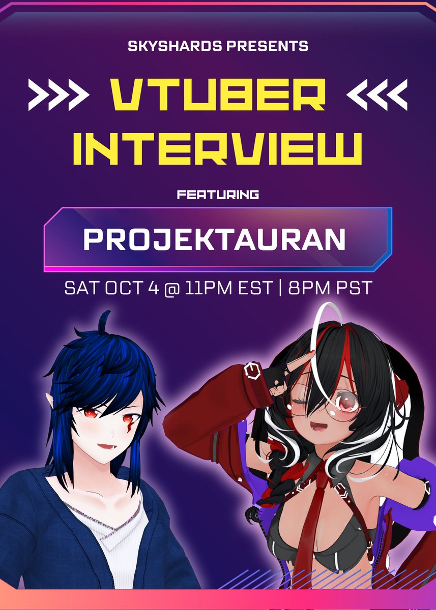 skyshards's tweet photo. I'm kicking off my VTuber Interviews again after a 3 year hiatus, starting with @ProjektAuran.
Join me as I get to know more behind-the-scenes of this wonderful VRChat creator and well-known VTuber.
We'll be live on my stream Saturday, 11PM EST on October 4th.
#VTuberInterview https://t.co/5C0EKkHWuP