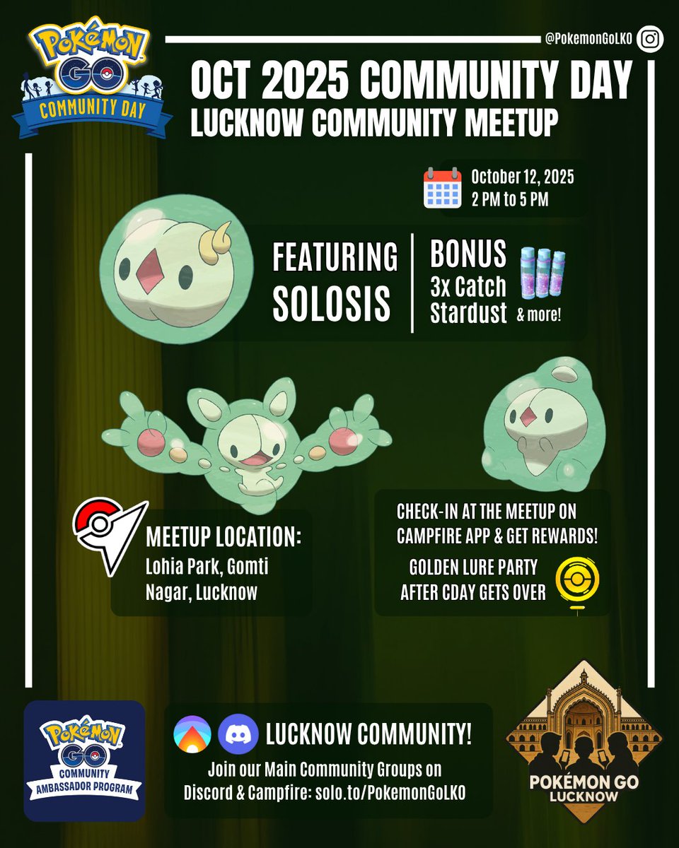 🌊 OCTOBER 2025 COMMUNITY DAY
🌟 Featuring Solosis
👋 Join us at the meetup &amp; get rewards when you
check-in on Campfire: solo.to/PokemonGoLKO
#PokemonGoCommunityDay
