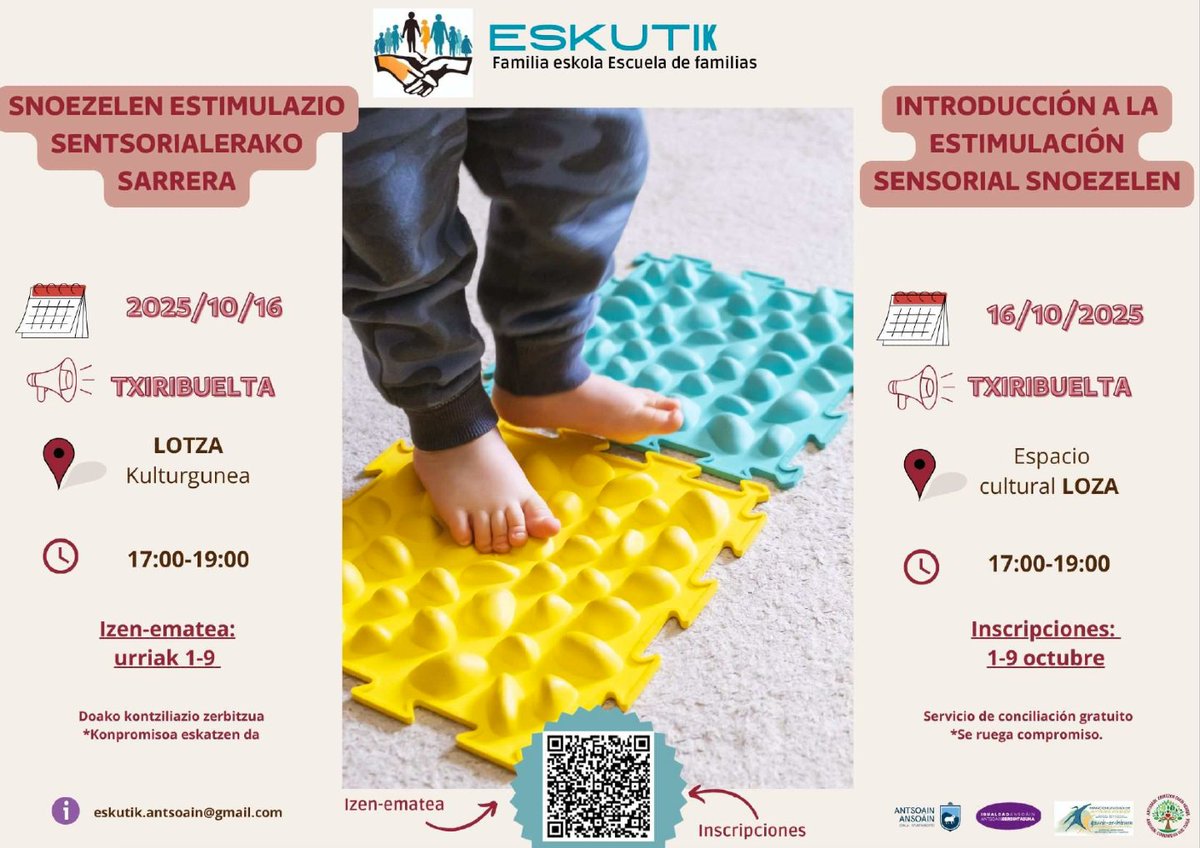 𝐄𝐒𝐊𝐔𝐓𝐈𝐊 𝐄𝐬𝐜𝐮𝐞𝐥𝐚 𝐝𝐞 𝐅𝐚𝐦𝐢𝐥𝐢𝐚𝐬 | 𝐅𝐚𝐦𝐢𝐥𝐢𝐚 𝐄𝐬𝐤𝐨𝐥𝐚
"Snoezelen estimulazio sentsorialerako sarrera"
"Introducción a la estimulación sensorial Snoezelen"
Urriak 16 de octubre | 17:00
Espacio Cultural Loza Kulturgunea