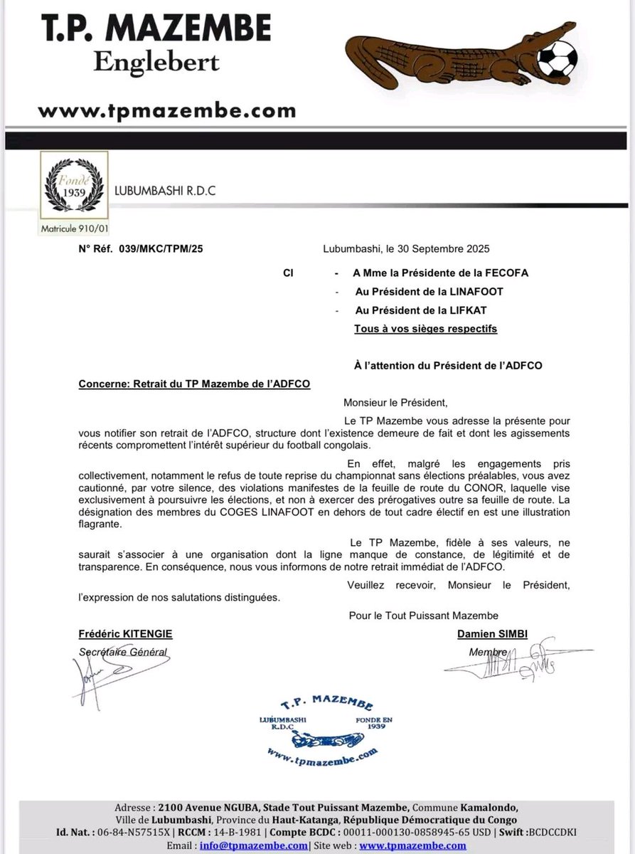 ben_muhima's tweet photo. #RDC : Le #TPMazembe s’est retiré de l’Association des dirigeants du football au pays (#ADFCO) depuis ce mercredi 1 octobre https://t.co/tOLrDvsooj