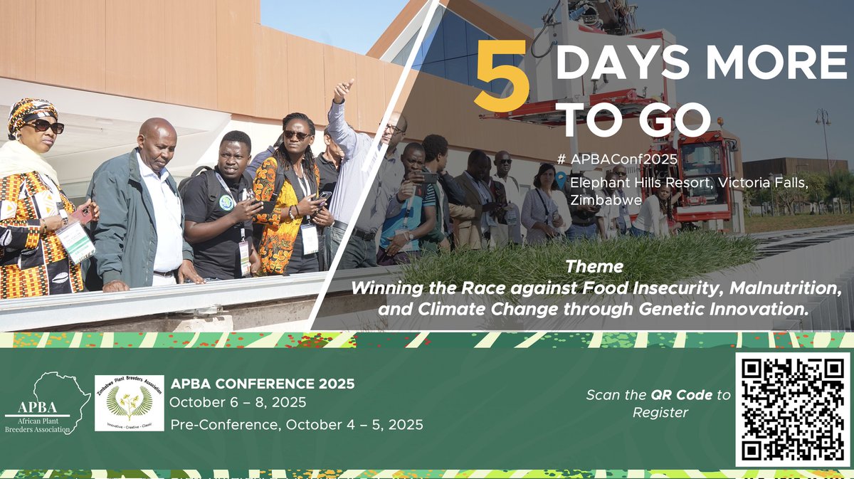 5 Days to the APBA Conference 2025!

Join us at Elephant Hills Resort, Victoria Falls, Zimbabwe, for three days of innovation, collaboration, and breakthroughs in plant breeding.

Register here: africanplantbreeders.org

#APBAConf2025