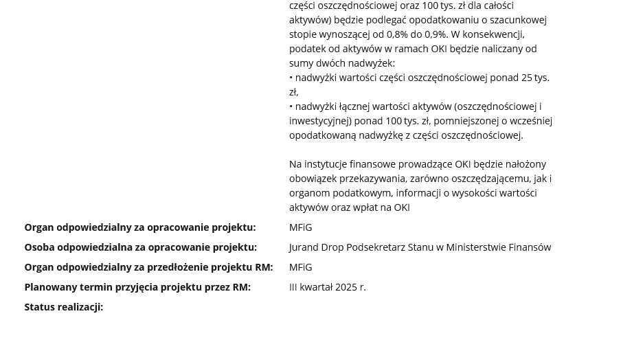 Nadszedł IV kwartał.

Planowany termin przyjęcia przez rząd projektu ustawy o Osobistych Kontach Inwestycyjnych nie został dotrzymany.

Projekt przyjął już Komitet Ekonomiczny Rady Ministrów, więc zapewne jesteśmy na ostatniej prostej. Jednak "opóźnienia" i "zmiana podatku Belki"