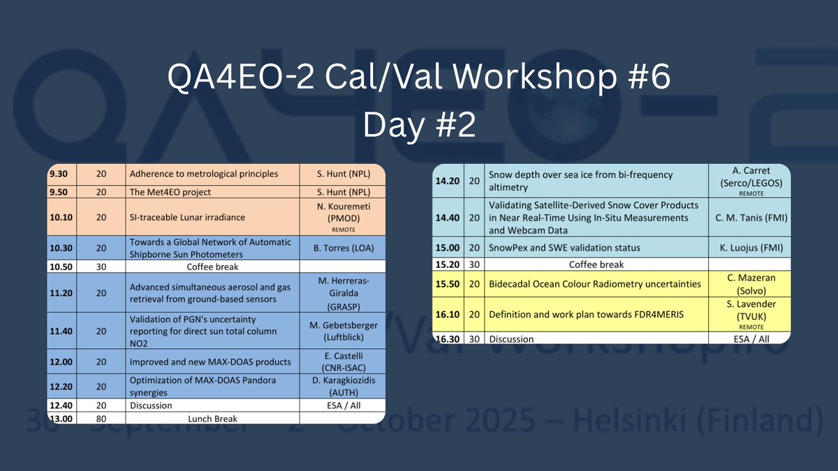 IDEAS-QA4EO (@qa4eocalval) on Twitter photo 🚀 Day 2 of the QA4EO-2 Cal/Val Workshop #6 is underway in Helsinki 🇫🇮!
Sessions focus on metrology, atmosphere, water/cryosphere, and fundamental data records — all to strengthen trust in EO data. 🚀 Day 2 of the QA4EO-2 Cal/Val Workshop #6 is underway in Helsinki 🇫🇮!
Sessions focus on metrology, atmosphere, water/cryosphere, and fundamental data records — all to strengthen trust in EO data.
