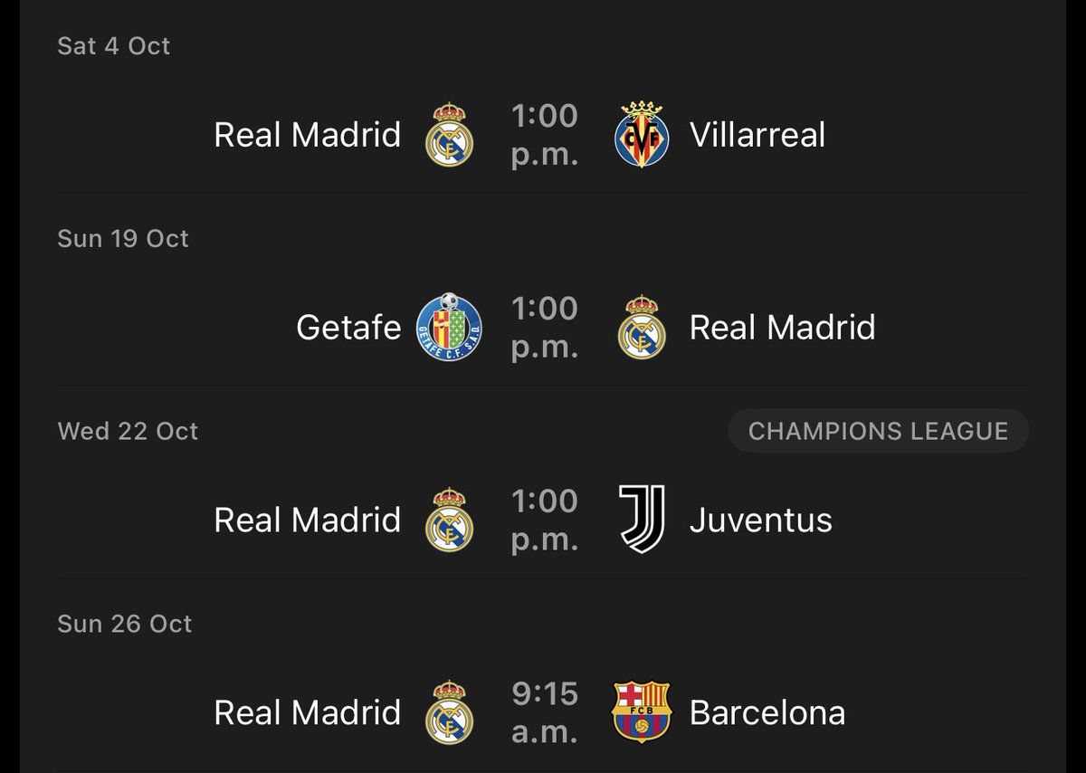 El Real Madrid tiene estos 4 partidos en el mes de Octubre.

Cuántos ganamos????