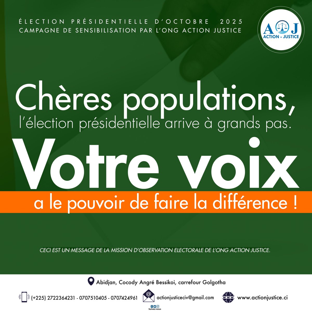 ACTIONJUST33110's tweet image. 📷 Élection présidentielle 2025 : chaque voix compte !
📷 Ne restez pas spectateurs : participez, votez, décidez.
#CIV2025 #Élections #VotezPourLaPaix #ActionJustice #VotreVoixCompte
