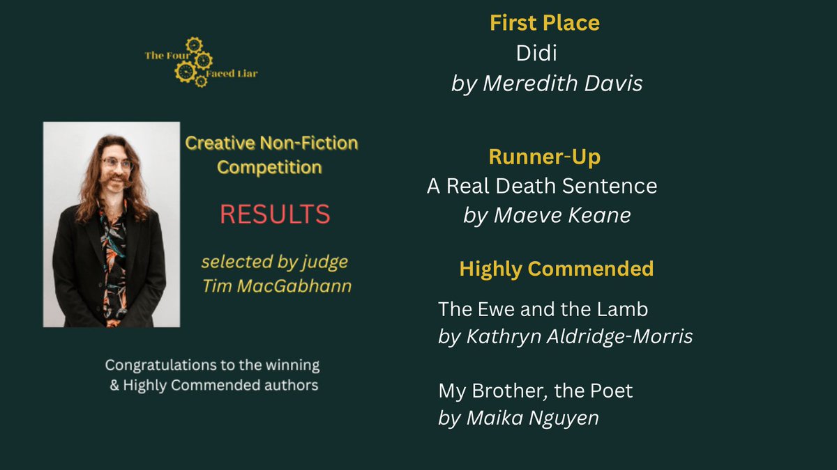 Congratulations to the winning &amp; Highly Commended authors of our Creative Non-Fiction competition as chosen by judge Tim MacGabhann! The winners will be published in Issue 4. Thanks to all who entered <a href="/PENIreland/">Irish PEN</a> <a href="/IrishWritersCtr/">Irish Writers Centre</a> <a href="/writing_ie/">writing.ie</a>
