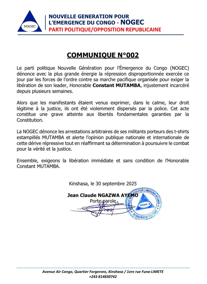 La Nouvelle Génération pour l'Emergence du Congo NOGEC en sigle, dénonce avec véhémence la répression barbare par la police lors de la marche pacifique organisée ce mardi 30/09/2025 pour réclamer l'acquittement de notre autorité morale l'hon <a href="/ConstantMutamba/">Constant Mutamba</a>