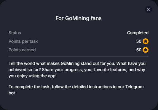 Don't forget to do the new task for free 50 points ! 
Simple and fast to do !

<a href="/GoMining_token/">GoMining</a> #GoMining #bounty