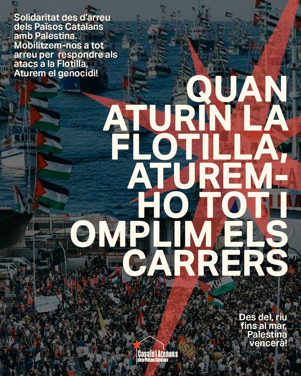 📣Arreu del territori hi ha mobilitzacions preparades per quan aturin o ataquin la Flotilla. Omplim els carrers i aturem-ho tot! 

Estenem la solidaritat internacionalista arreu dels Països Catalans! 🇵🇸🌐

#PalestinaLliure #BoicotIsrael