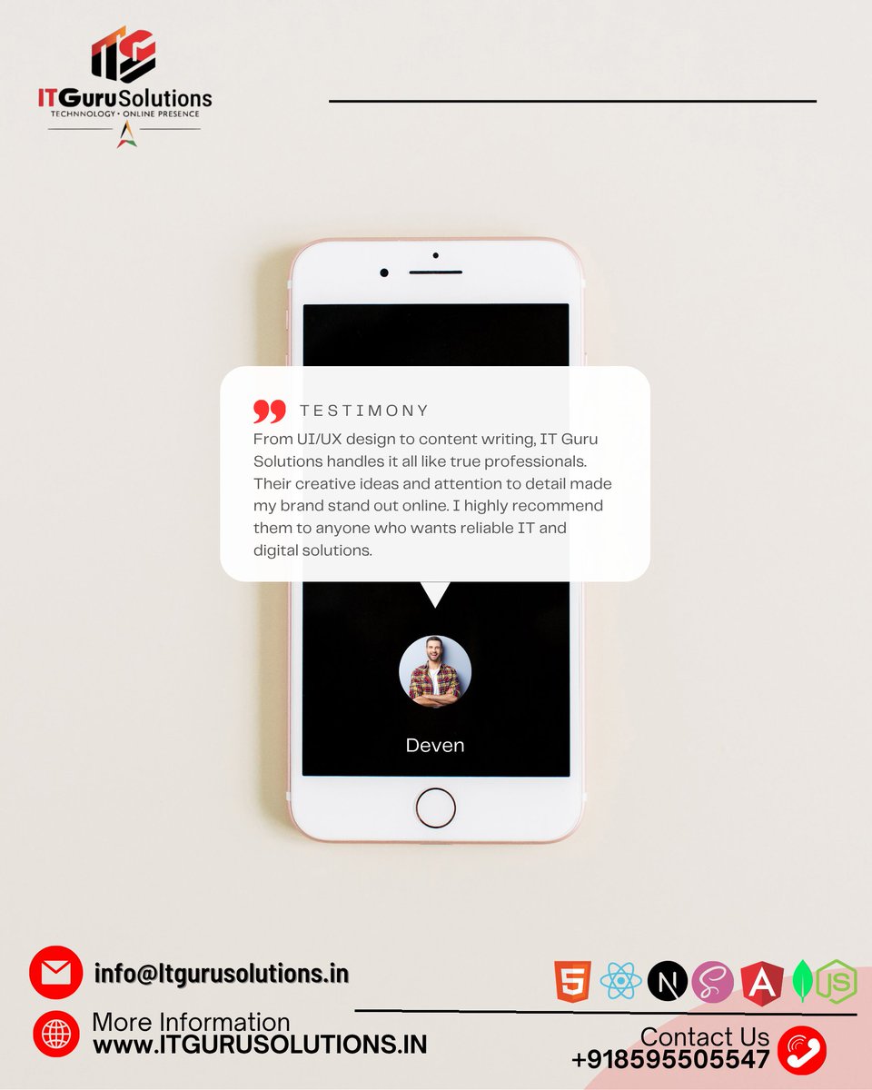 ITGuruSolution's tweet image. Customer Testimonial ITGuruSolutions
We donโt just deliver projects โ we deliver results
๐ +91 8595505547 | โ๏ธ info@itgurusolutions.in
| ๐ itgurusolutions.in
#UIUXDesign #WebDevelopment #DigitalMarketing #ContentWriting #GraphicDesign #VideoEditing #ITGuruSolutions
