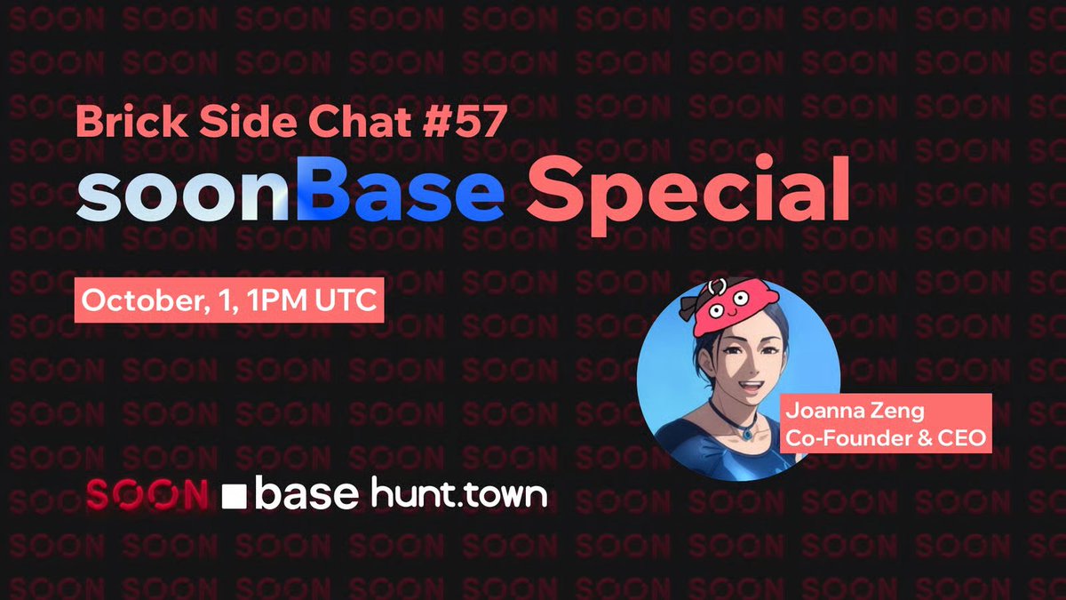 Who’s ready for the Brick Side Chat with special guests from <a href="/soon_svm/">SOON - Solana Optimistic Network (Mainnet Arc)</a> and <a href="/justsayuluvjo/">Joanna Zeng @ SOON (🔴,💊)📍🇺🇸🗽 (Mainnet Arc)</a>?

soonBase leverages Base’s security and <a href="/soon_svm/">SOON - Solana Optimistic Network (Mainnet Arc)</a> technology, allowing <a href="/solana/">Solana</a> developers to deploy their apps directly on <a href="/base/">Base</a> without modifying existing code.

Want to learn more or have