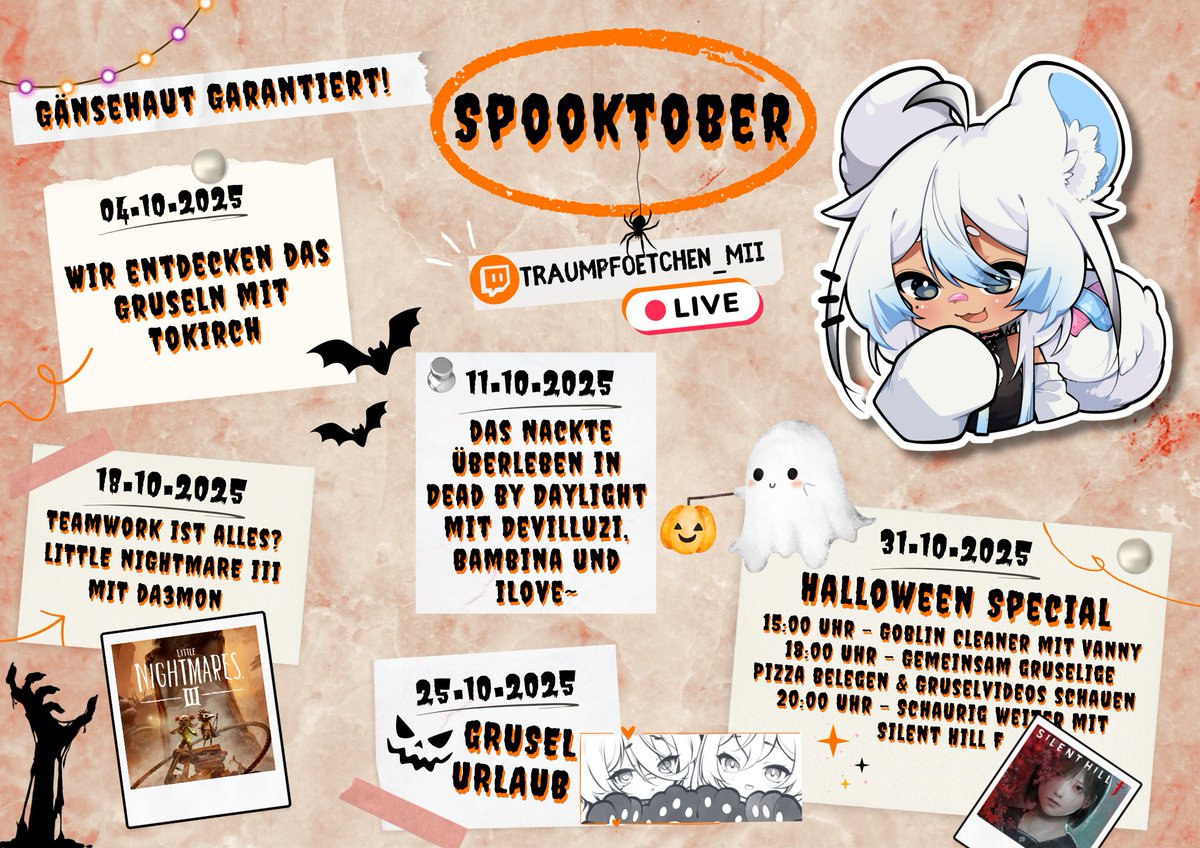 Damit starten wir unseren Grusligen Halloween Countdown der Spookytober woop woop 

Das heißt ab heute wd mehr games immer mit den anfang von zeichnen und danach horror spiele muhahaha natürlich gibt es spezial samstage und vieles mehr :x 

Heute will ich euch gern ab 19 Uhr im