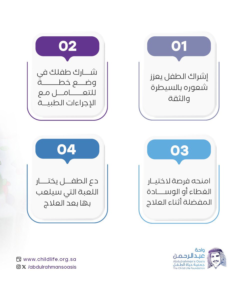 AbdulrahmansOas's tweet image. ✨ إشراك الطفل في خطة علاجه يمنحه شعورًا بالأمان والسيطرة، ويخفف من قلقه أثناء الإجراءات الطبية.
امنح طفلك فرصة لاختيار تفاصيل صغيرة مثل وسادته المفضلة أو لعبته بعد العلاج، فهي خطوات بسيطة لكن تأثيرها كبير على صحته النفسية 🌿💜

#واحة_عبدالرحمن #ChildLife #الدعم_النفسي_للطفل