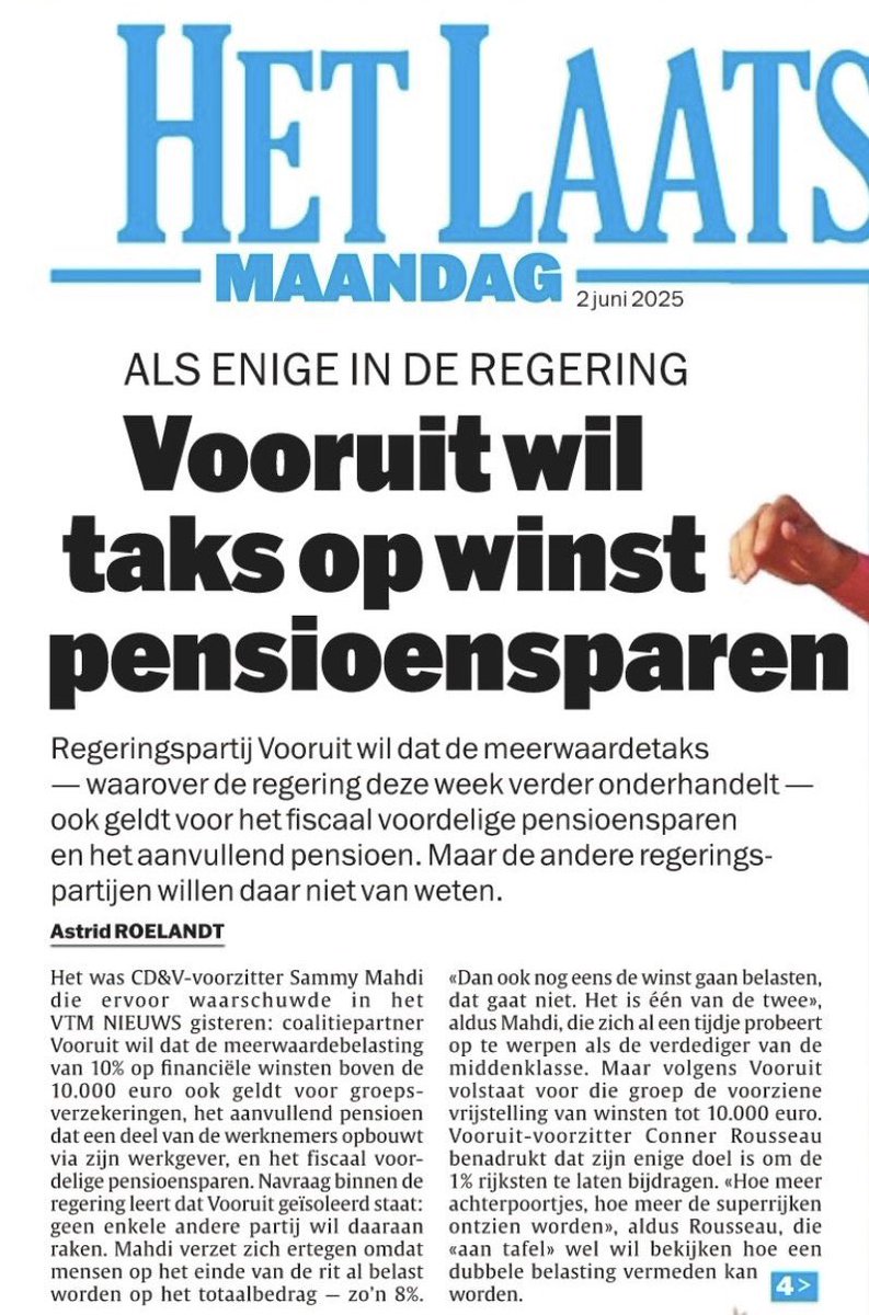 Vooruit wil “miljonairstaks” invoeren, naast meerwaardebelasting, effectentaks, roerende voorheffing, ...

Zogezegd om de pensioenen te sparen.

Maar voor de zomer wilde Vooruit het pensioensparen nog extra belasten. 😡

Geloof ze niet. 🤥