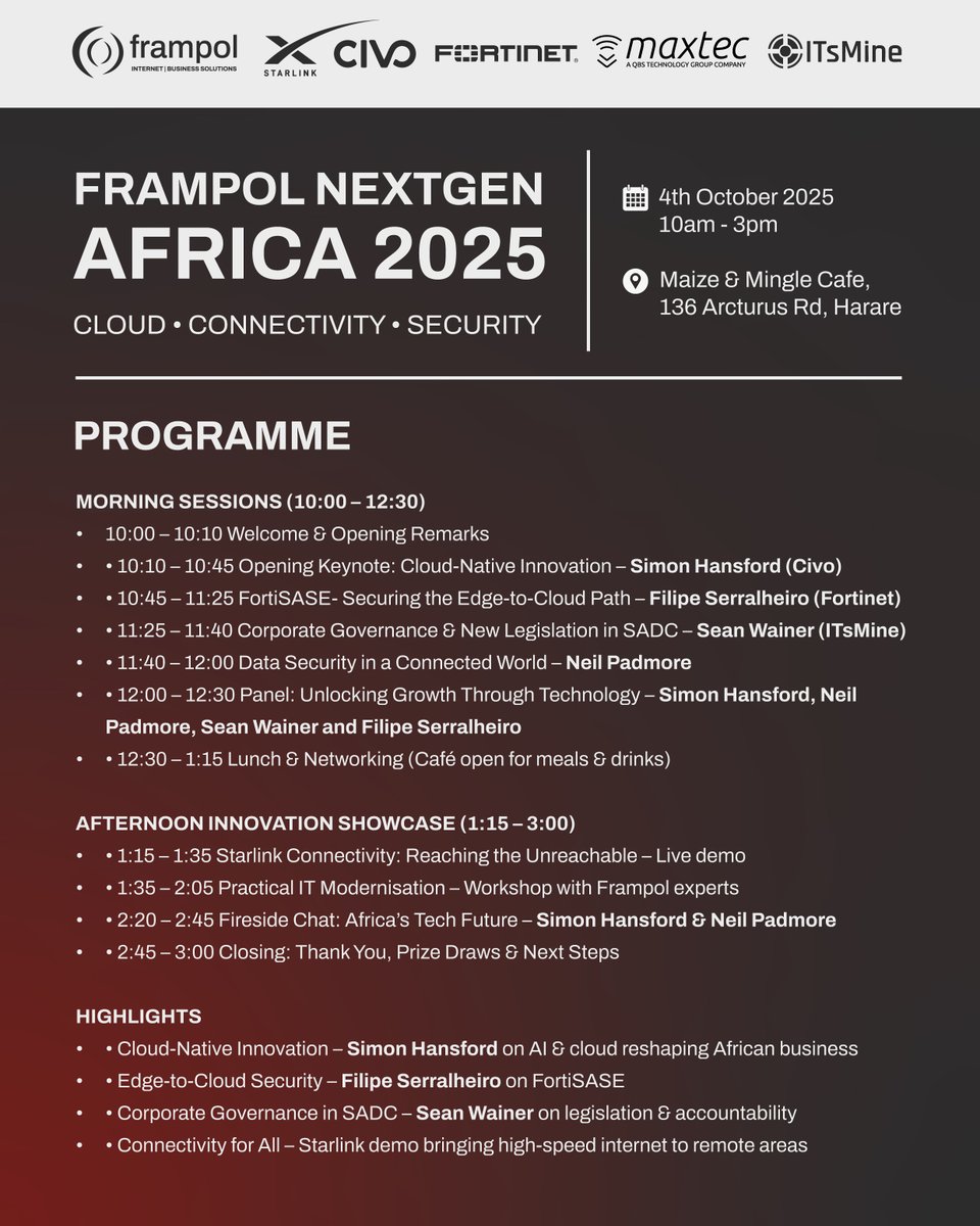 FrampolTech's tweet image. Africa’s digital future is here. 
We’re bringing together brilliant minds, global leaders, and the latest technologies to tackle the big questions in cloud, cybersecurity, and connectivity.

Here’s a taste of what’s on the agenda:
Simon Hansford (Civo) – Cloud-Native Innovation…