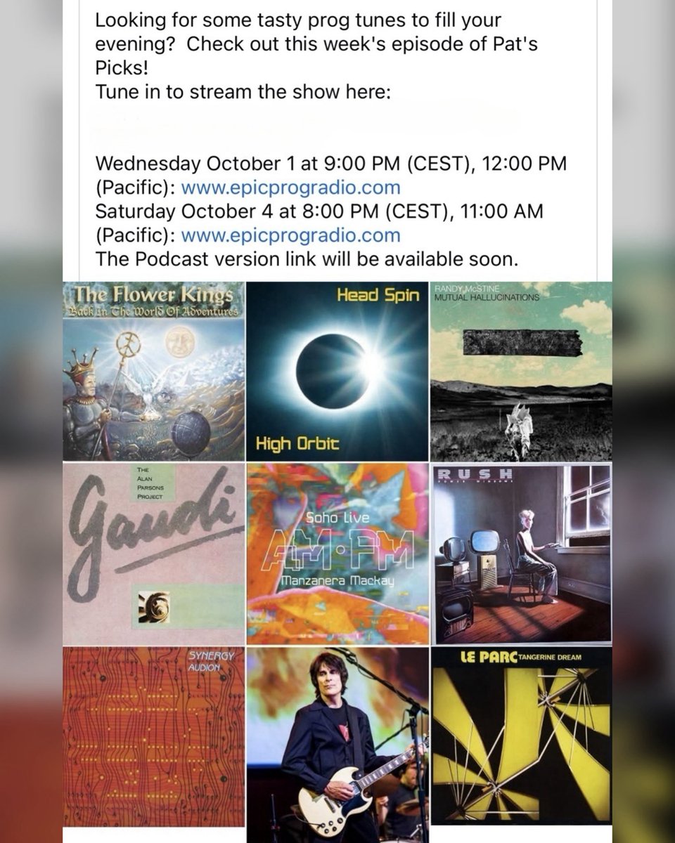 Tonight on Epic Prog Radio

Q’s Music
Presenter, Marc Piché
7pm CET, 6pm UK time, 1pm EST

Pat’s Picks, The Progressive Rock Hour
Presenter, Patrick Alexander
9pm CET, 8pm UK time,3pm EST

epicprogradio.com 
linktr.ee/epicprogradio

#progressiverock #prog #epicprogradio