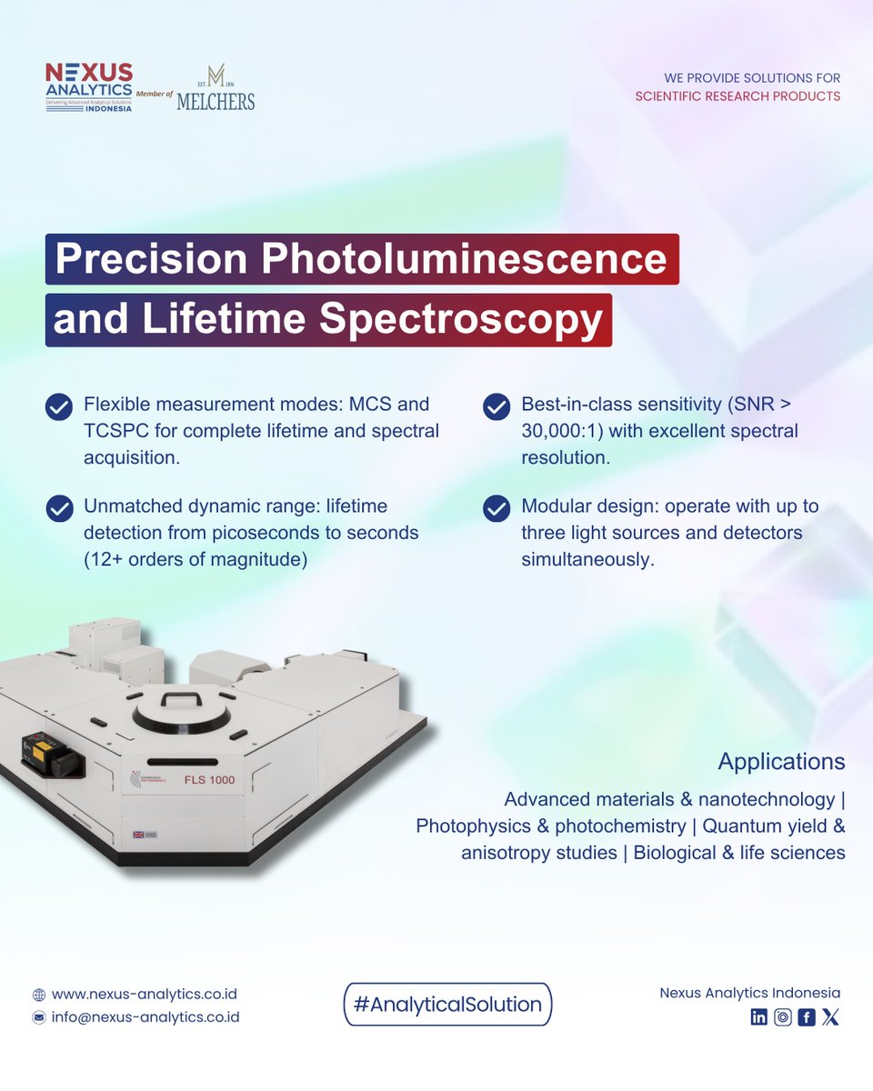 Nexus Analytics Indonesia (@nexusanalytic) on Twitter photo FLS1000 Photoluminescence menghadirkan kombinasi presisi, sensitivitas tinggi, dan fleksibilitas modular untuk penelitian spektroskopi paling menantang. Dengan kemampuan lifetime dari pikodetik hingga detik serta SNR > 30,000:1
Segera hubungi kami
๐ฉ info@nexus-analytics.co.id FLS1000 Photoluminescence menghadirkan kombinasi presisi, sensitivitas tinggi, dan fleksibilitas modular untuk penelitian spektroskopi paling menantang. Dengan kemampuan lifetime dari pikodetik hingga detik serta SNR > 30,000:1
Segera hubungi kami
๐ฉ info@nexus-analytics.co.id