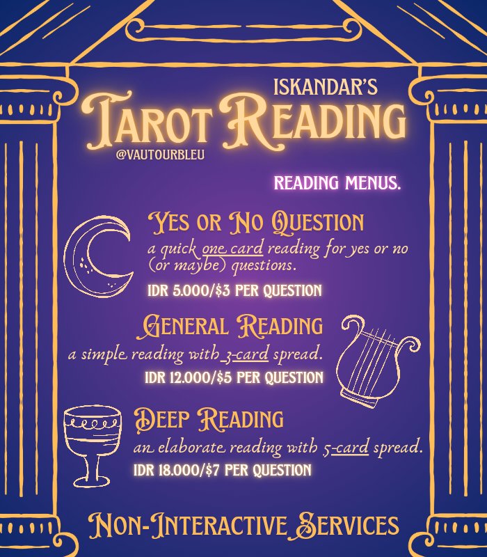 VAUT0URBLEU's tweet photo. tarot reading with ish @VAUT0URBLEU 🕊
𖤓 — sedia jasa baca tarot untuk kamu yang gelisah dan penuh kisah.
𖤓 — biar semesta tuntun kamu di antara lembar kartu.
𖤓 — mohon hubungi hanya melalui DM @VAUT0URBLEU atau https://t.co/vL6vm2NgoD.

#zonauang #zonaba #jasatarot #zonajajan https://t.co/HqdqoUTRTD