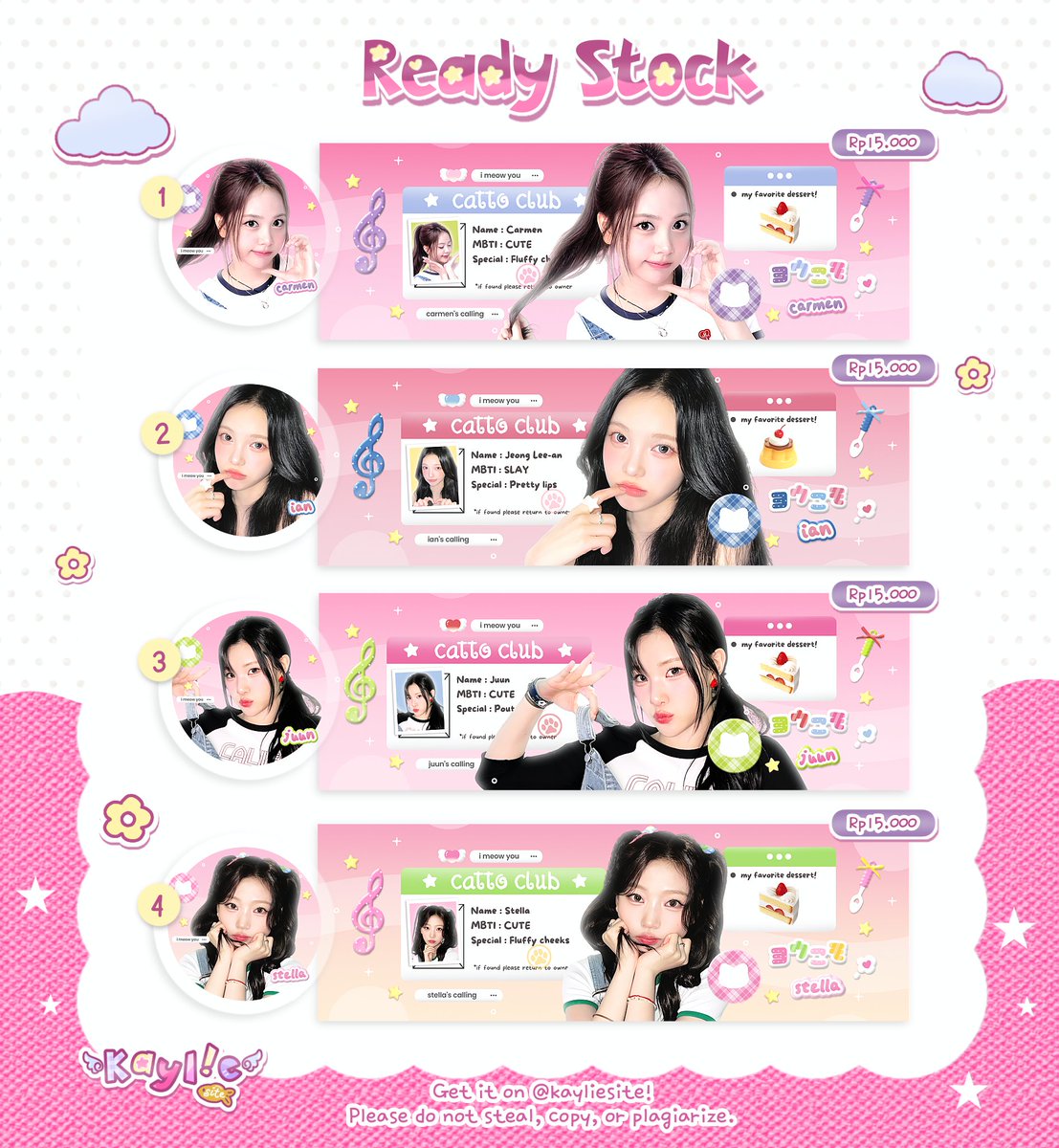 hzaeum's tweet image. | プリン ๑ 🍮 help RT please, thanks!
📞💗 ⸝ ⸝ Hearts2Hearts member catto club IDs are here! DM @kayliesite to claim them! You can also req for your own ID too 🐈⬛.⋅✉️
Layout ready stock Carmen, Ian, Juun, Stella, Yuha, Jiwoo, A-na, Ye-on #zonauang