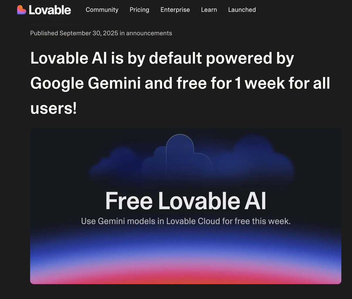 DynamicWebPaige's tweet image. ❤️‍🔥😍 

From Sept 29 to Oct 6, all AI usage through @Lovable in your published apps is completely free when you use Gemini models!

By default Lovable AI will use Gemini so unless you explicitly ask it to use another model you will get Gemini and it will be free. Try it today!
