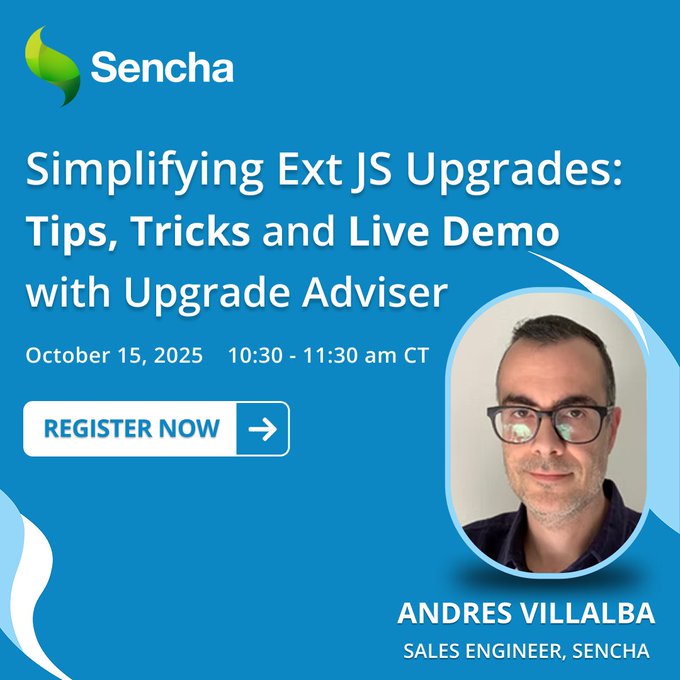 Sencha's tweet image. 🚨 Don’t let #ExtJS upgrades slow you down.
Join us to learn:
✔ Tips & tricks from the experts
✔ How #UpgradeAdviser makes migration simple
✔ A live demo + Q&A session
Save your seat today 👉 bit.ly/4nBmQgc
#Sencha #Webinar #JavaScript