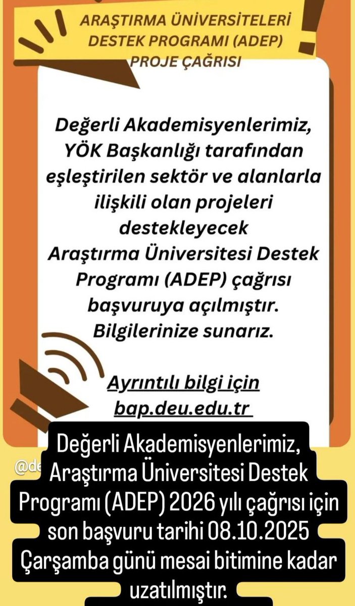 Değerli Akademisyenlerimiz,
Araştırma Üniversitesi Destek Programı (ADEP) 2026 yılı çağrısı için son başvuru tarihi 08.10.2025 Çarşamba günü mesai bitimine kadar uzatılmıştır.
Bilgilerinize sunarız.

BAP Koordinasyon Birimi