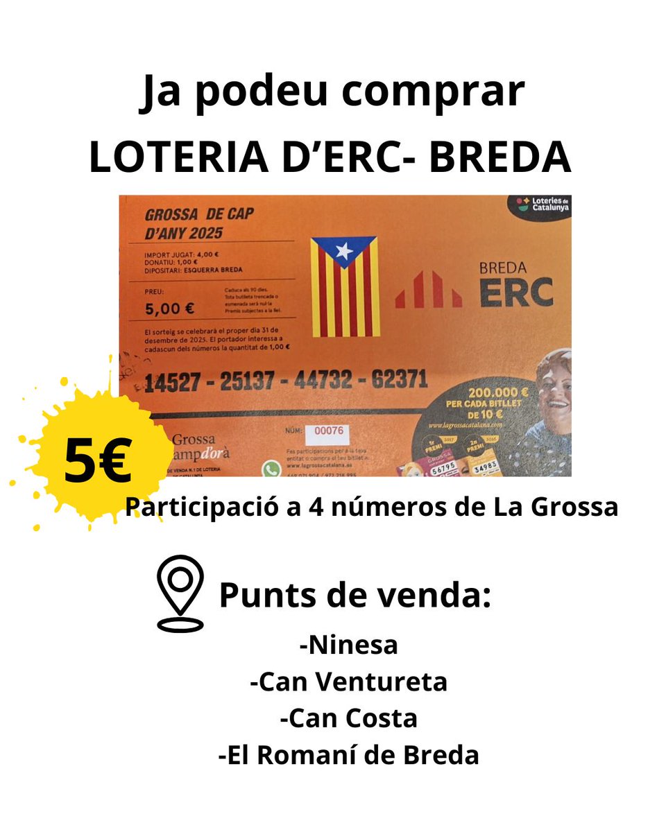 ERCBreda's tweet photo. Ja podeu trobar als diversos punts de venda la loteria de la Grossa de Cap d'Any d'@ERCBreda. Que hi hagi sort! https://t.co/MUBOT7JdFr