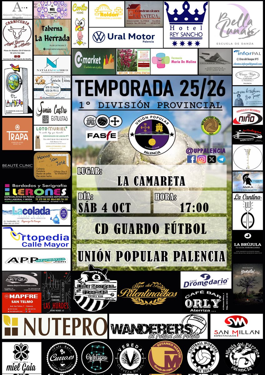 UPPalencia's tweet photo. 📢 TEMPORADA 25-26 📢

Nueva jornada en la Primera Provincial de Aficionados y nos toca viajar al mítico campo La Camareta. 

Viajamos con la intención de seguir con la racha de buen juego y goles.

Sábado a las 17:00 CD Guardo - UPP

#SomosFamilia #FutbolPopular https://t.co/Q21MQZOTIF