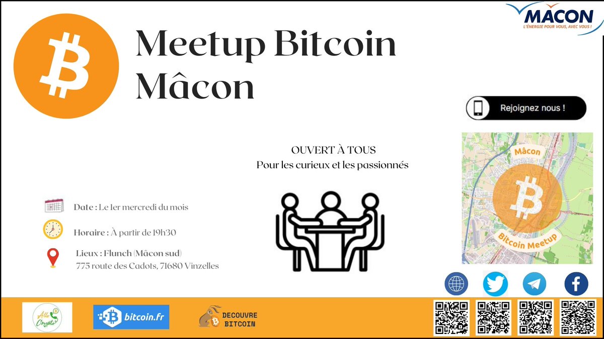 C'est reparti pour un nouveau Meetup Bitcoin à Mâcon !!!

Le 22ème Meetup Bitcoin à Mâcon se déroulera donc le mercredi 8 Octobre au FLUNCH (Mâcon Sud) à 19h30 !

allo-crypto.com/meetup-bitcoin/

Venez nombreux !

<a href="/bitcoinpointfr/">bitcoin.fr</a> #meetupbitcoin #bitcoin