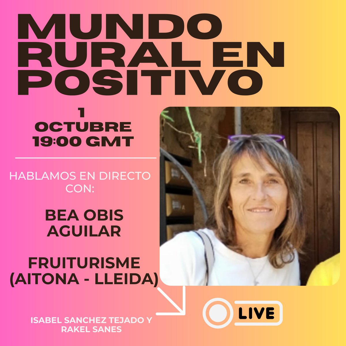 🌸Este miércoles a las 19:00 h nos vamos hasta #Aitona con Bea de <a href="/Fruiturisme/">Fruiturisme Aitona</a> .
Un proyecto que convierte la #floración del #melocotón en motor de vida rural 🍑✨
🔴 En directo en: YouTube LinkedIn Meta
#MundoRuralEnPositivo #TurismoRural #Fruiturisme