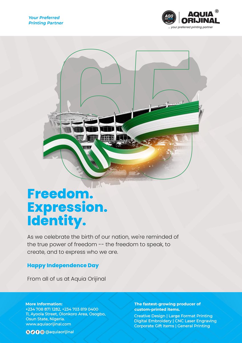 From your preferred printing partner, here’s wishing our compatriots a happy Independence Day celebration! 

#AquiaOrijinal #NigeriaAt65 #IndependenceDay2025